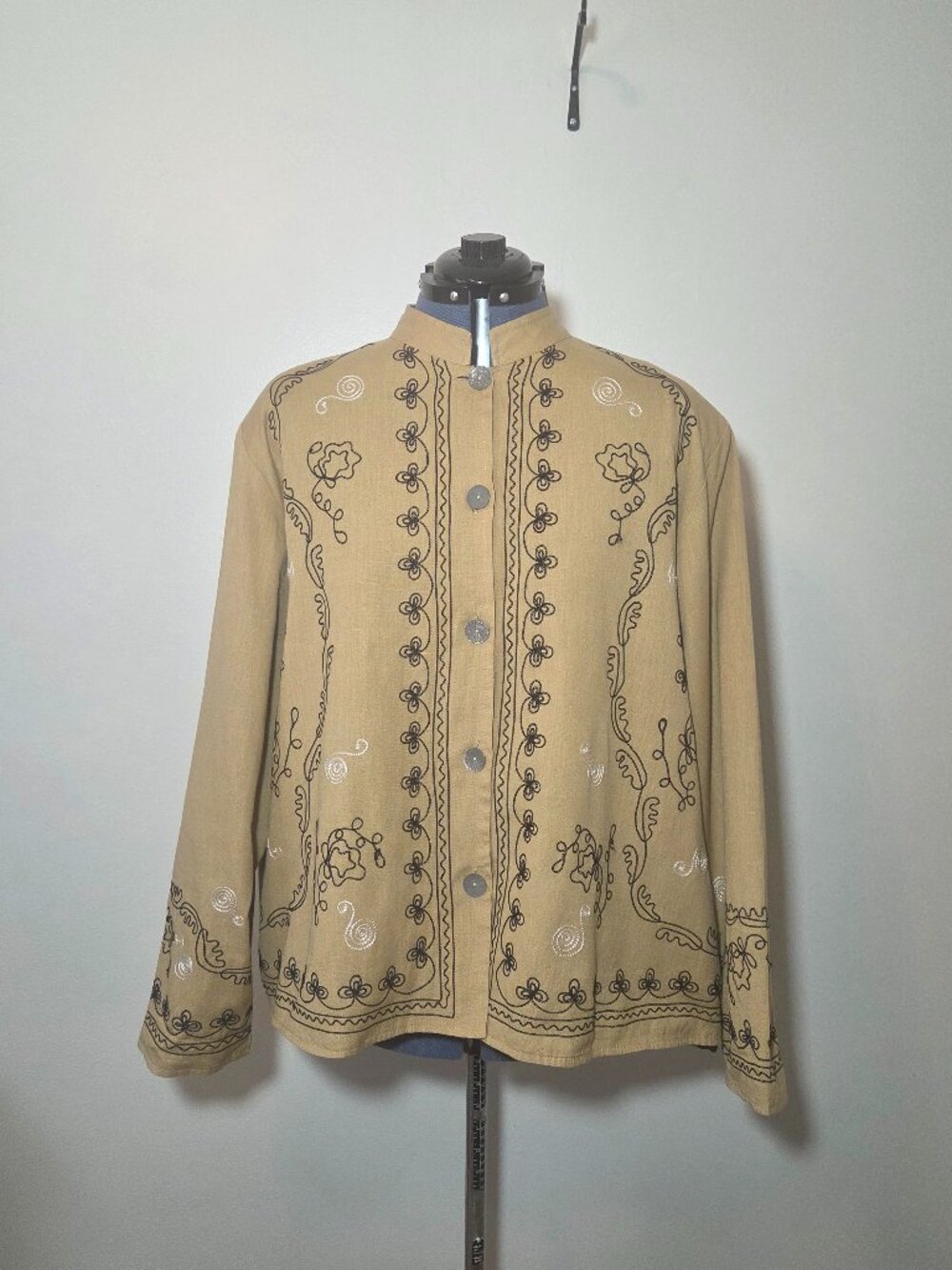 Alex Kim Vintage Khaki Embroidered Floral Detail Jacket